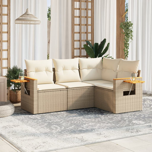 4-delige Loungeset met kussens poly rattan beige