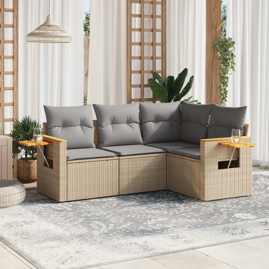 4-delige Loungeset met kussens poly rattan beige