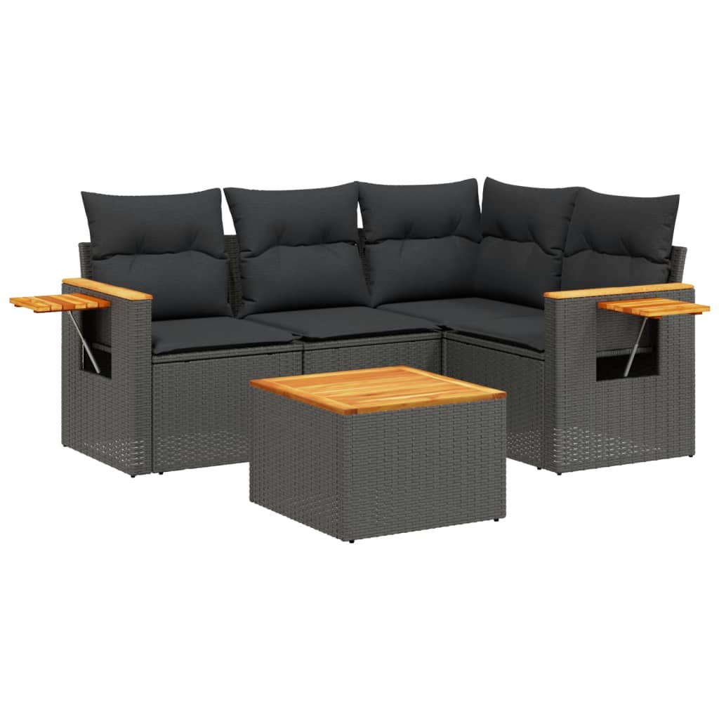 5-delige Loungeset met kussens poly rattan zwart