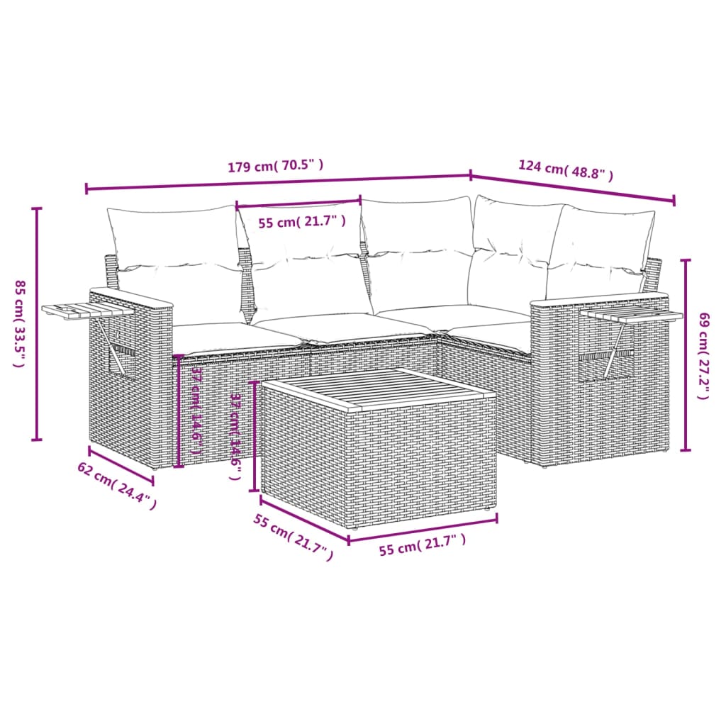 5-delige Loungeset met kussens poly rattan zwart