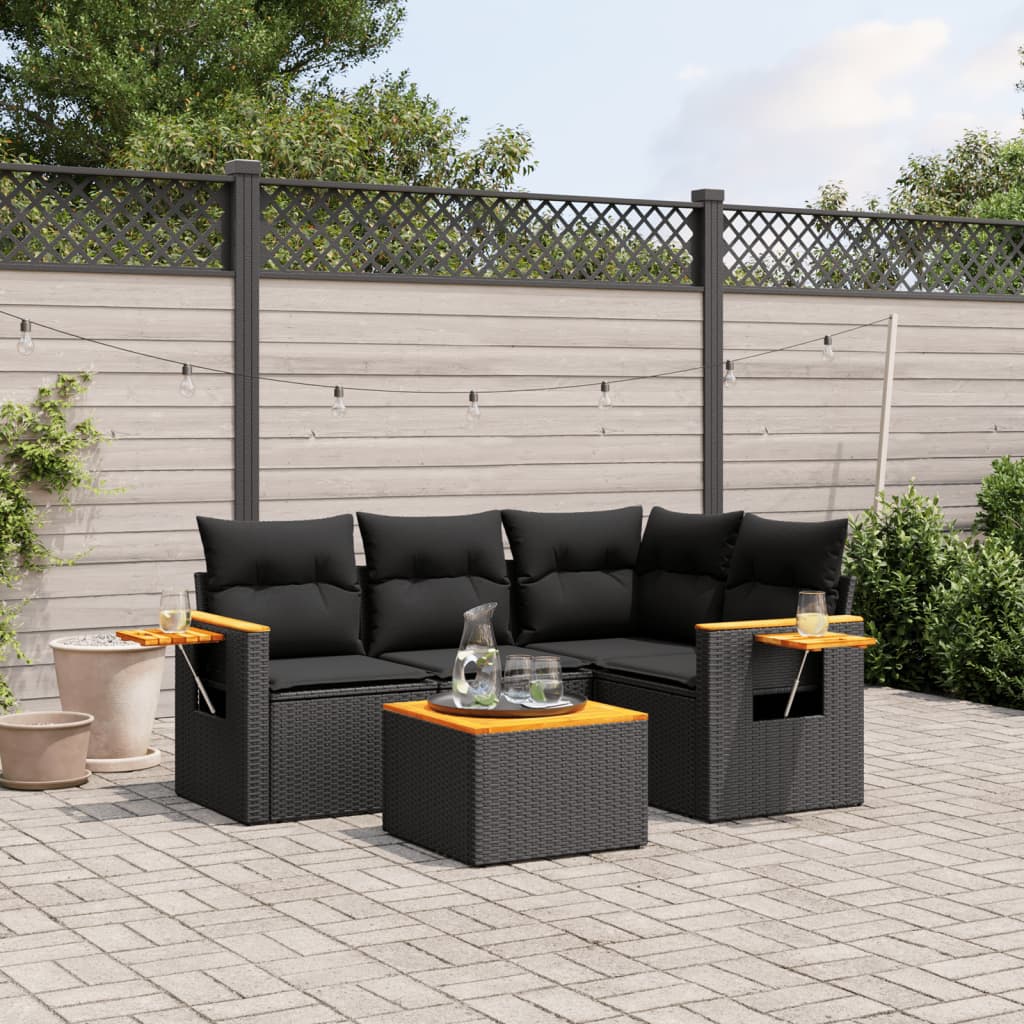 5-delige Loungeset met kussens poly rattan zwart