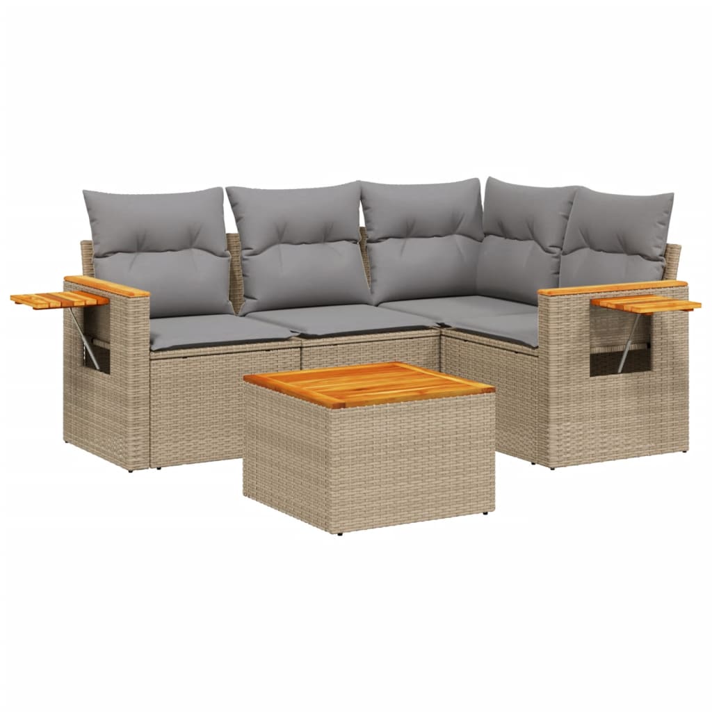 5-delige Loungeset met kussens poly rattan beige