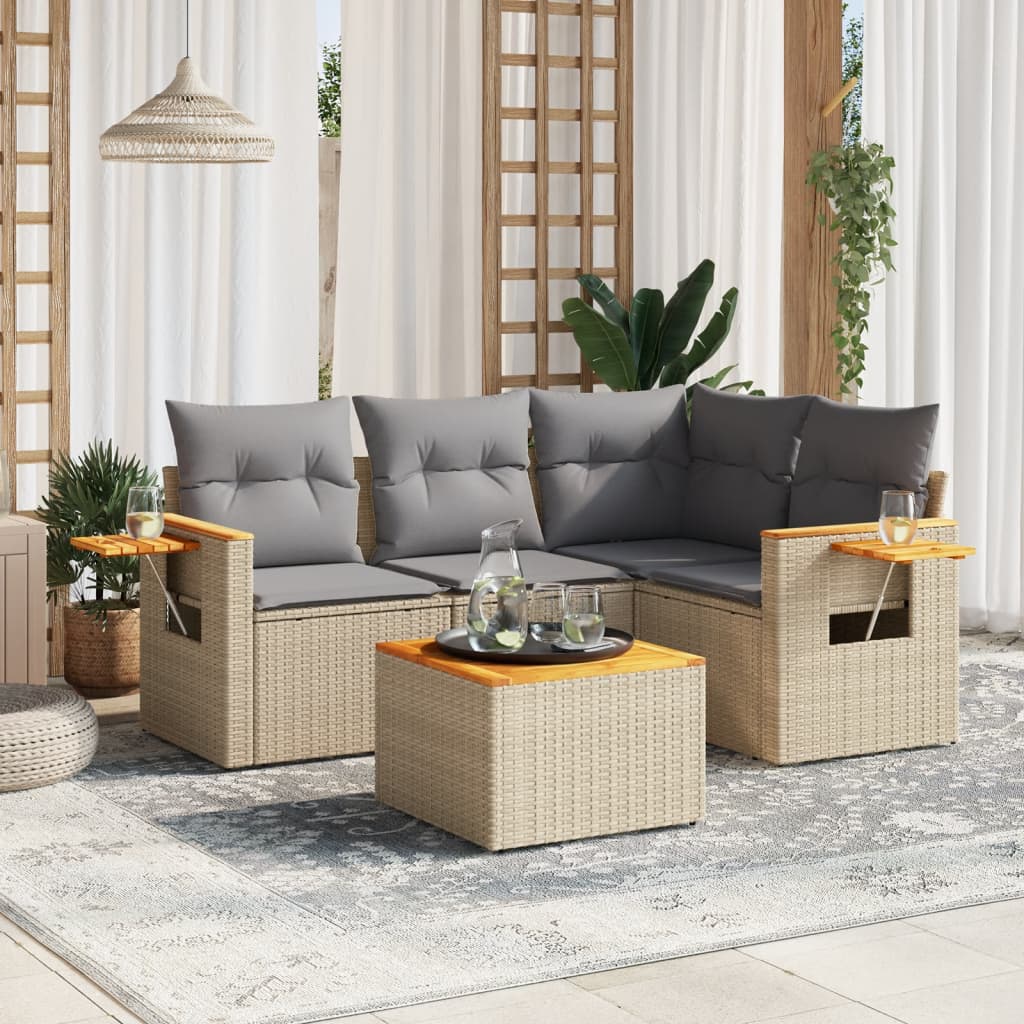 5-delige Loungeset met kussens poly rattan beige