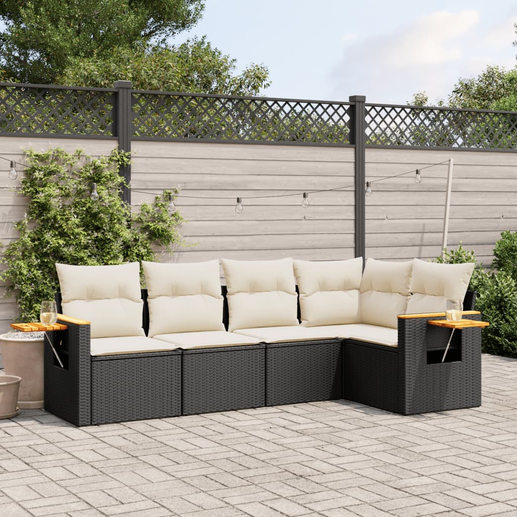 5-delige Loungeset met kussens poly rattan zwart