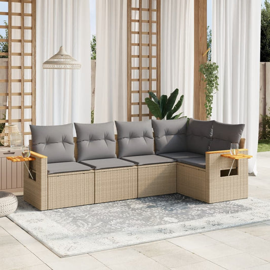 5-delige Loungeset met kussens poly rattan beige