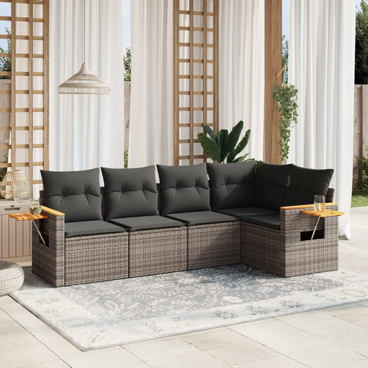 5-delige Loungeset met kussens poly rattan grijs