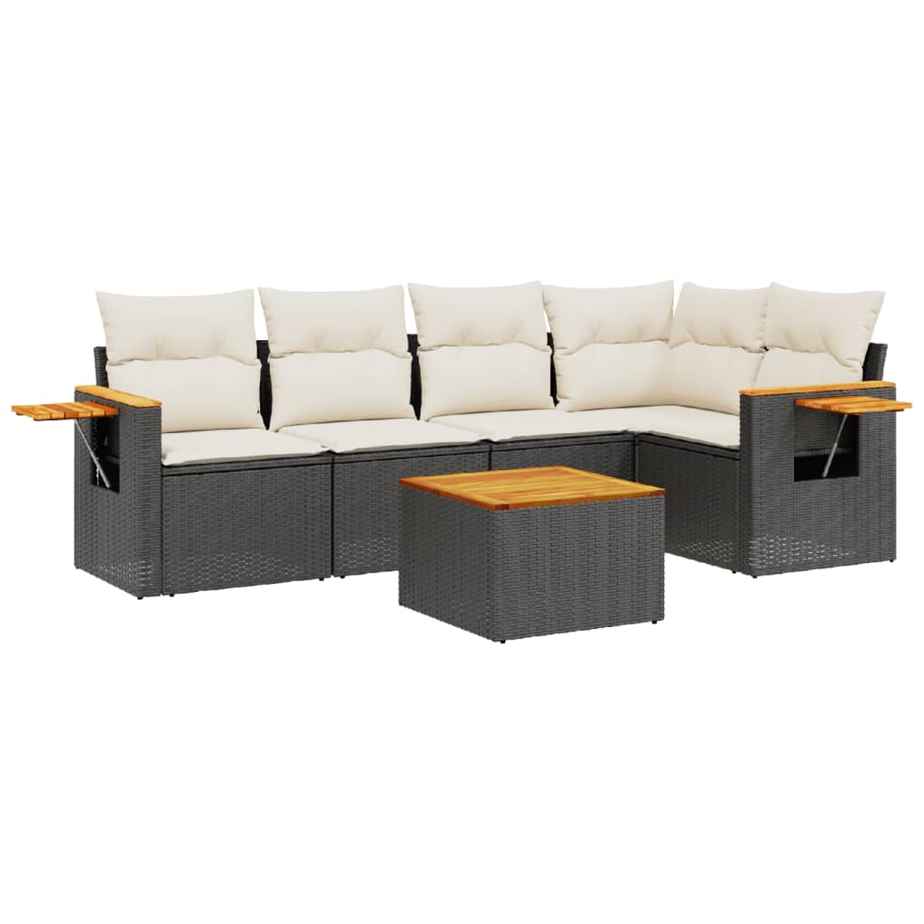 6-delige Loungeset met kussens poly rattan zwart