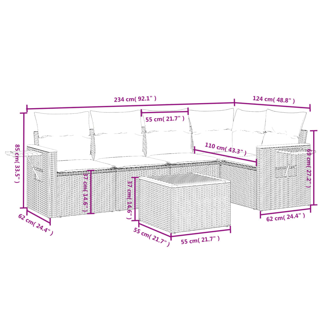 6-delige Loungeset met kussens poly rattan zwart