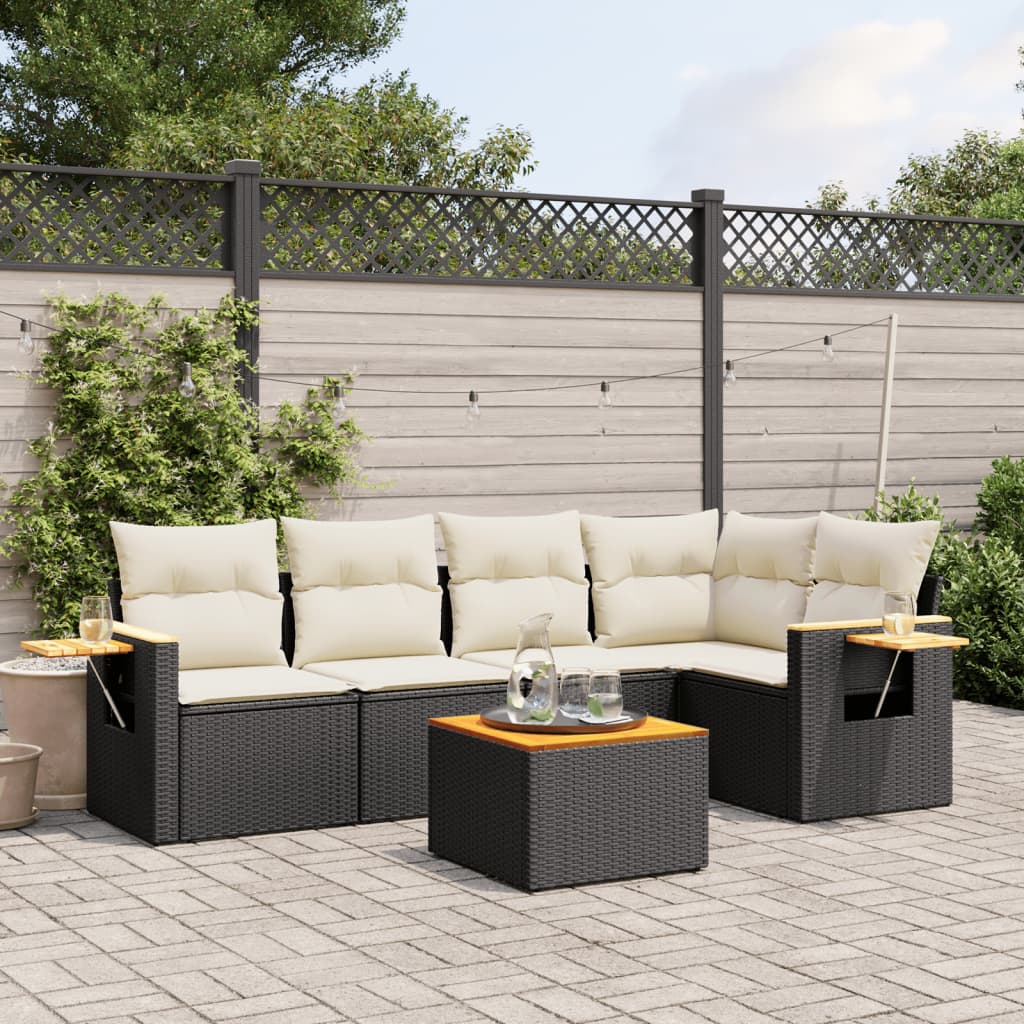 6-delige Loungeset met kussens poly rattan zwart