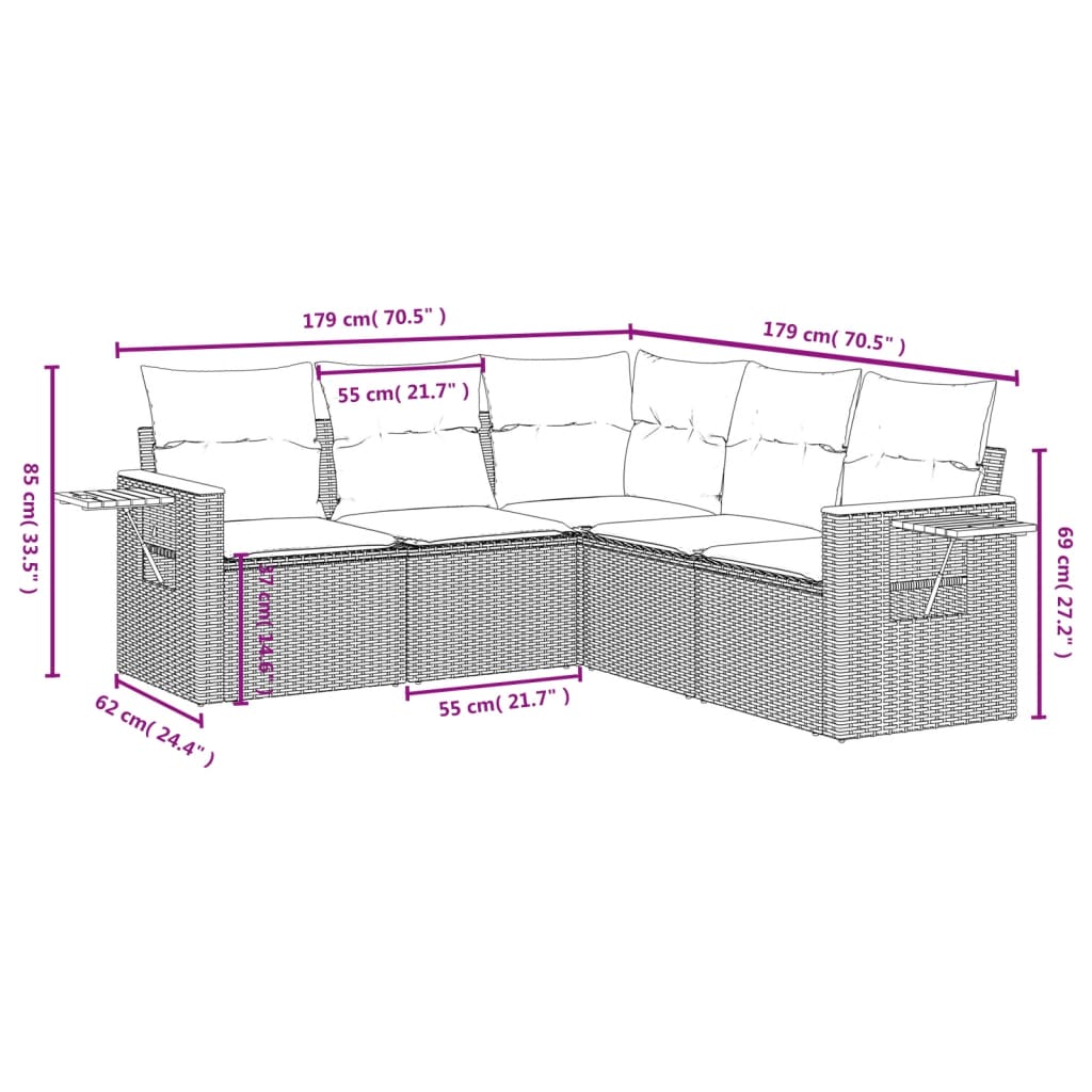 5-delige Loungeset met kussens poly rattan zwart