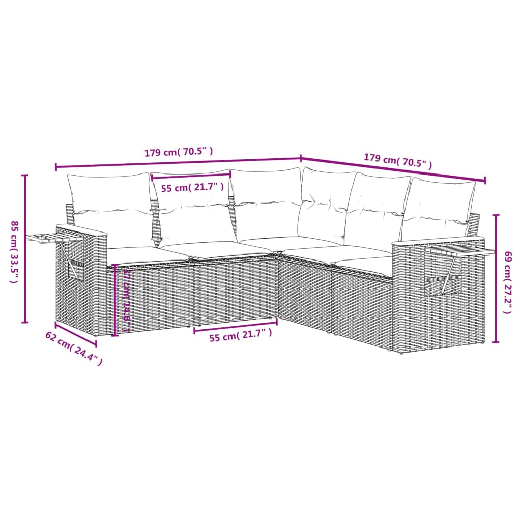 5-delige Loungeset met kussens poly rattan grijs