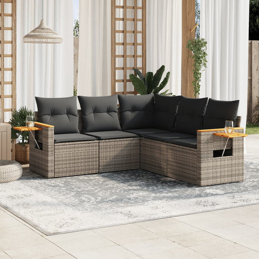 5-delige Loungeset met kussens poly rattan grijs