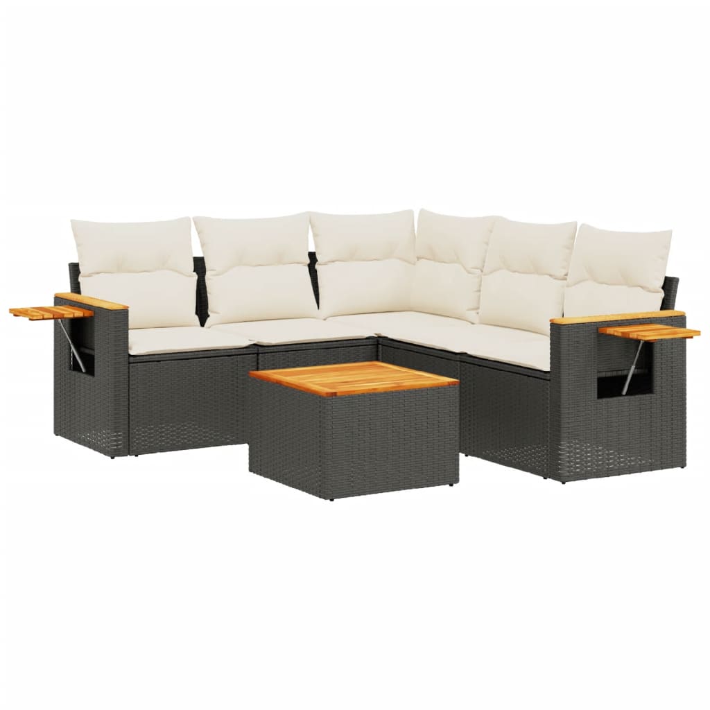 6-delige Loungeset met kussens poly rattan zwart