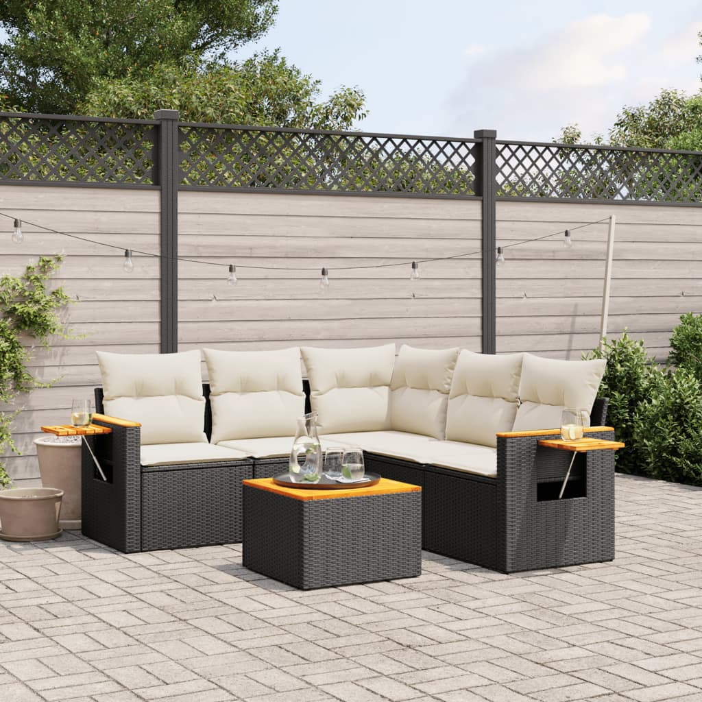 6-delige Loungeset met kussens poly rattan zwart