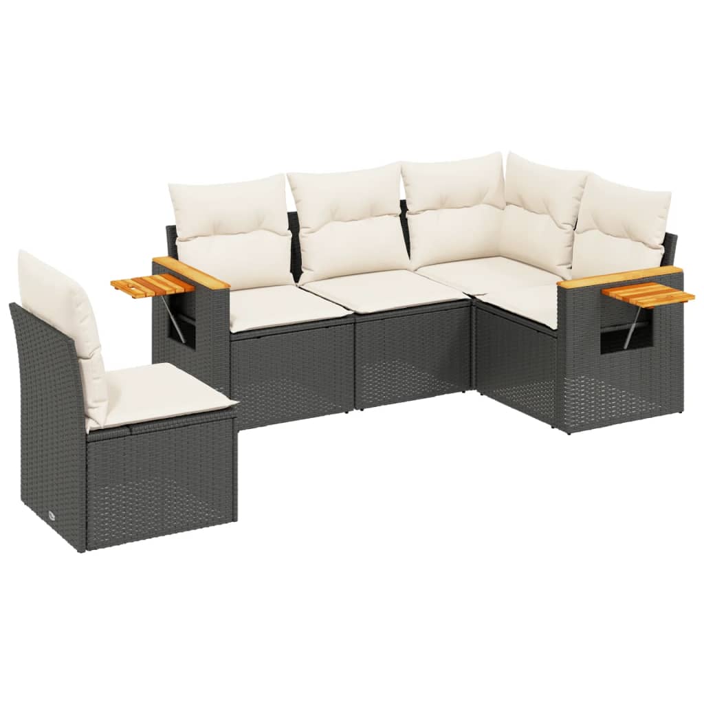 5-delige Loungeset met kussens poly rattan zwart