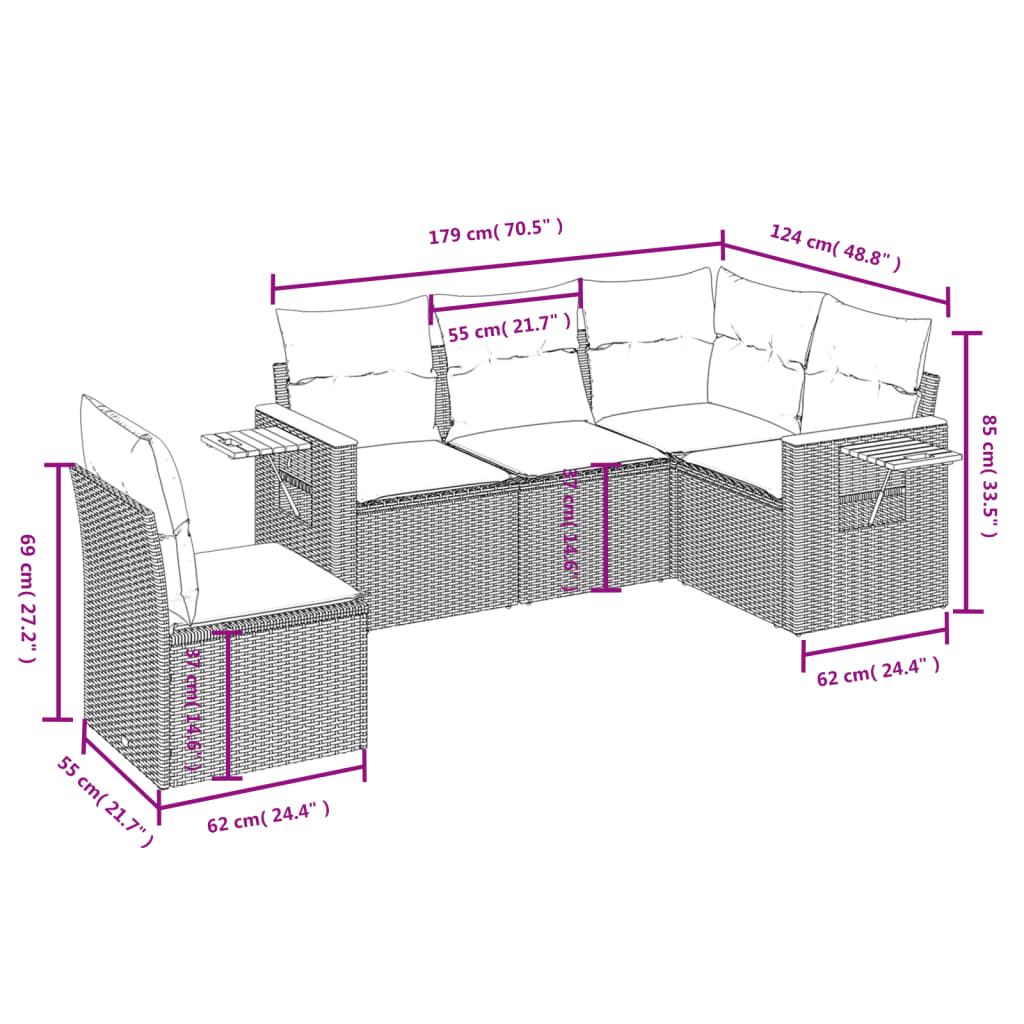 5-delige Loungeset met kussens poly rattan zwart