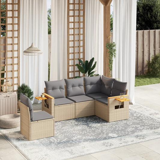 5-delige Loungeset met kussens poly rattan beige