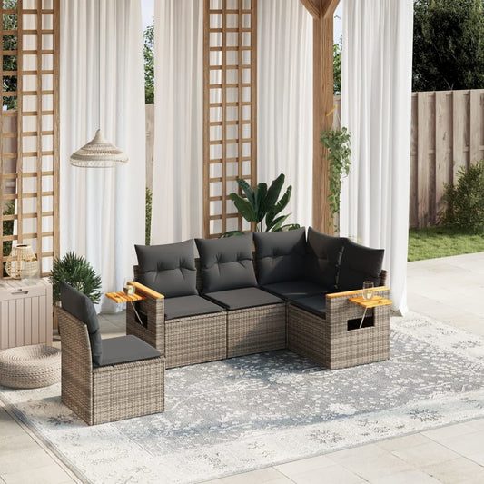 5-delige Loungeset met kussens poly rattan grijs