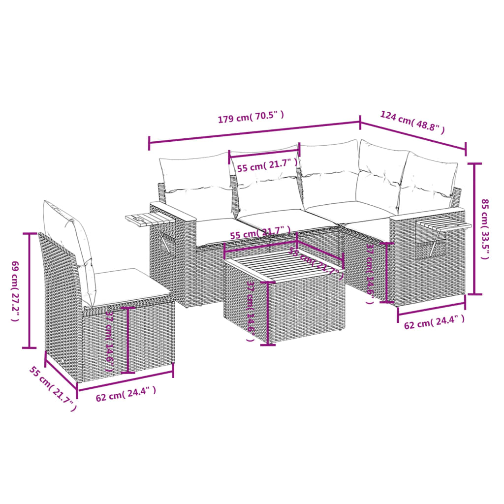 6-delige Loungeset met kussens poly rattan zwart