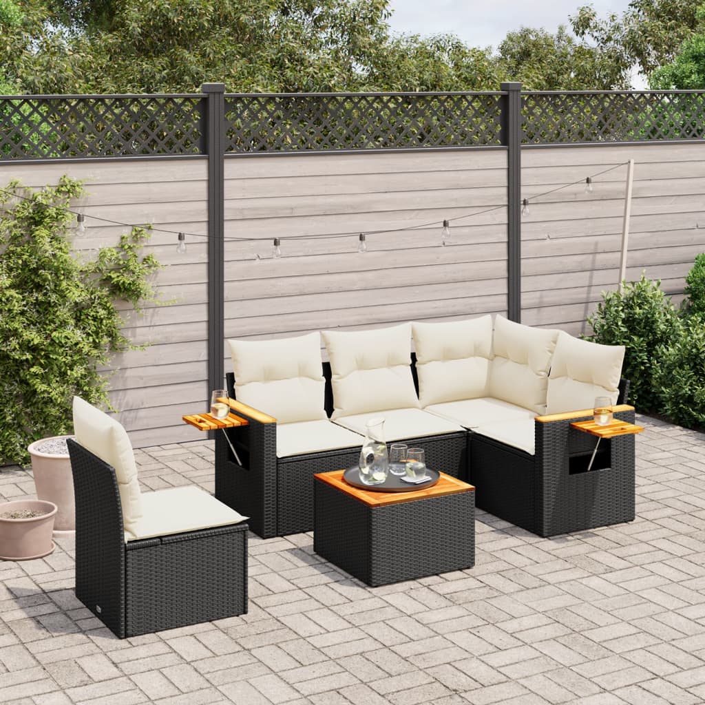 6-delige Loungeset met kussens poly rattan zwart