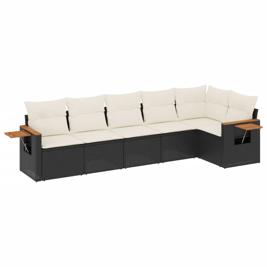 6-delige Loungeset met kussens poly rattan zwart