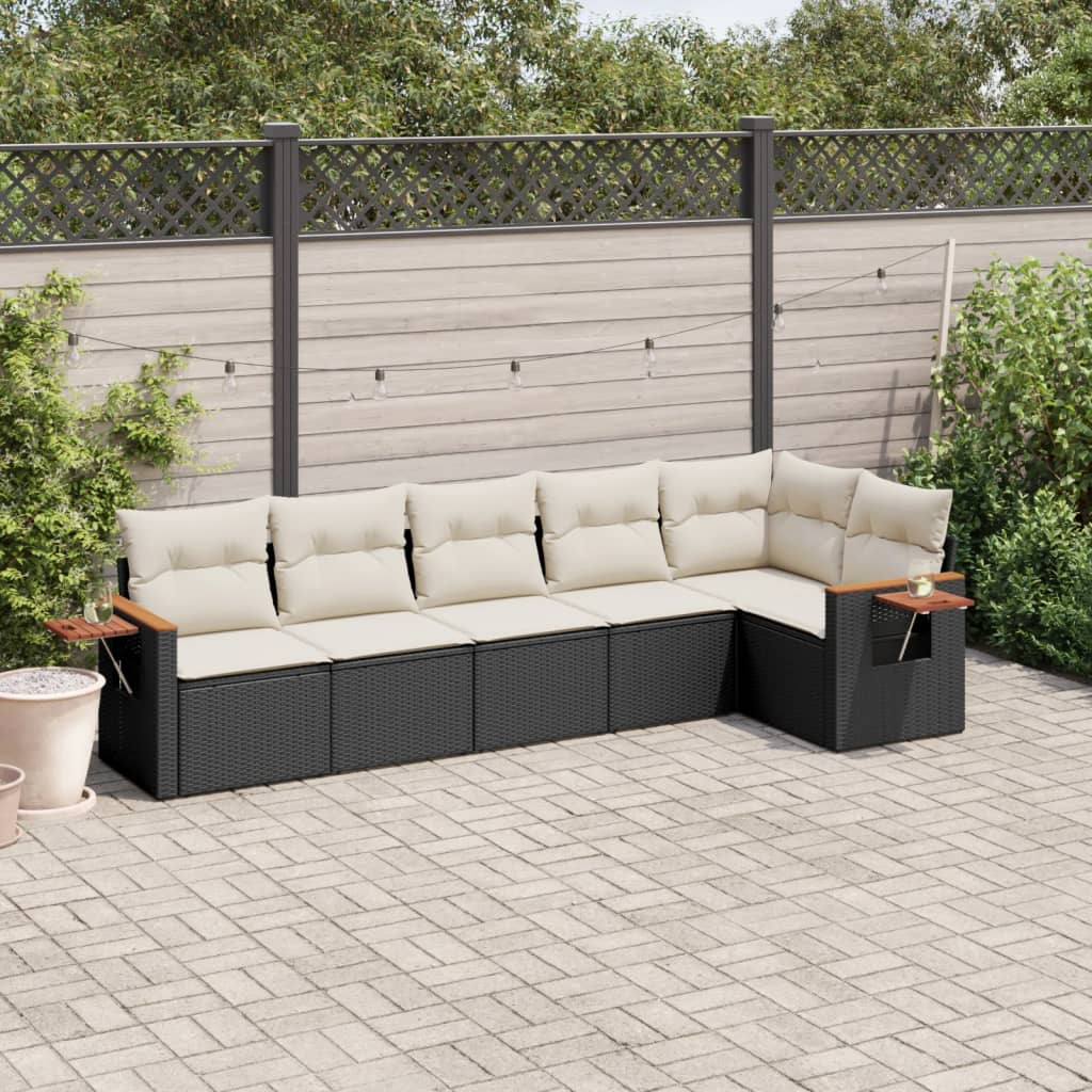 6-delige Loungeset met kussens poly rattan zwart