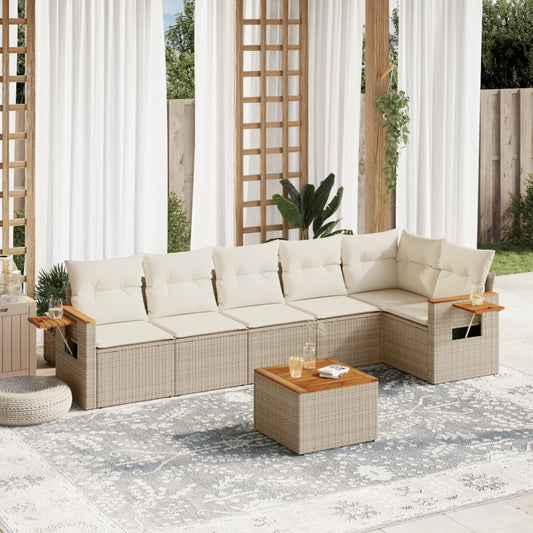 7-delige Loungeset met kussens poly rattan beige