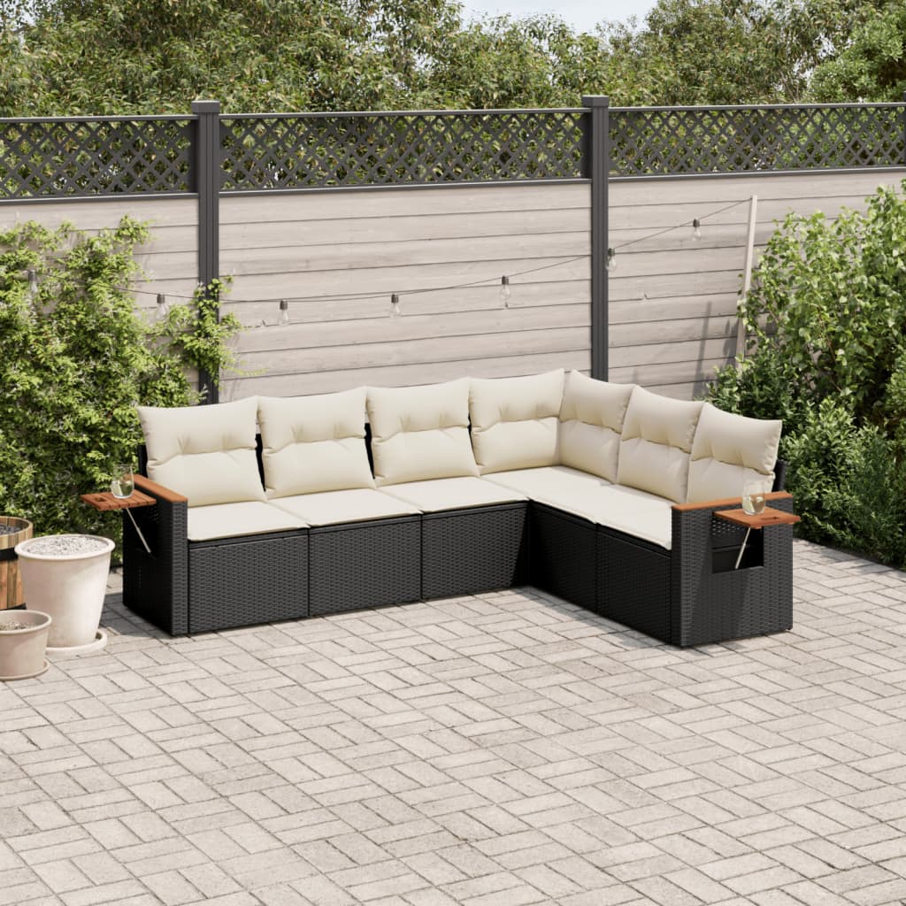 6-delige Loungeset met kussens poly rattan zwart