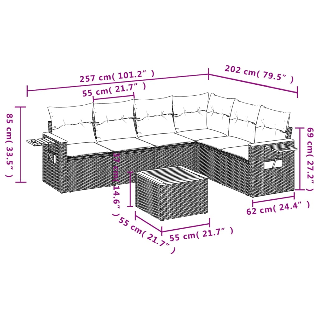 7-delige Loungeset met kussens poly rattan beige