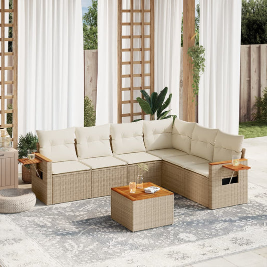 7-delige Loungeset met kussens poly rattan beige