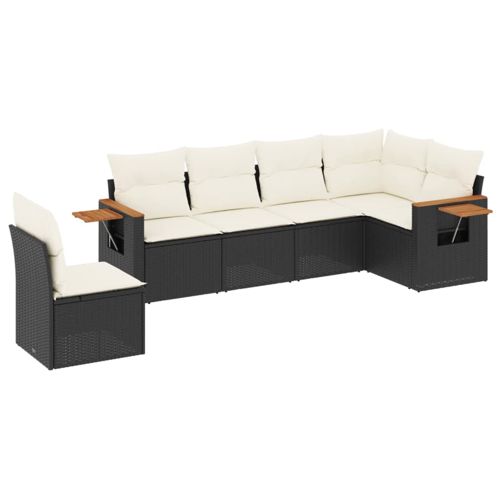 6-delige Loungeset met kussens poly rattan zwart