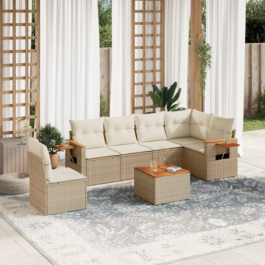 7-delige Loungeset met kussens poly rattan beige