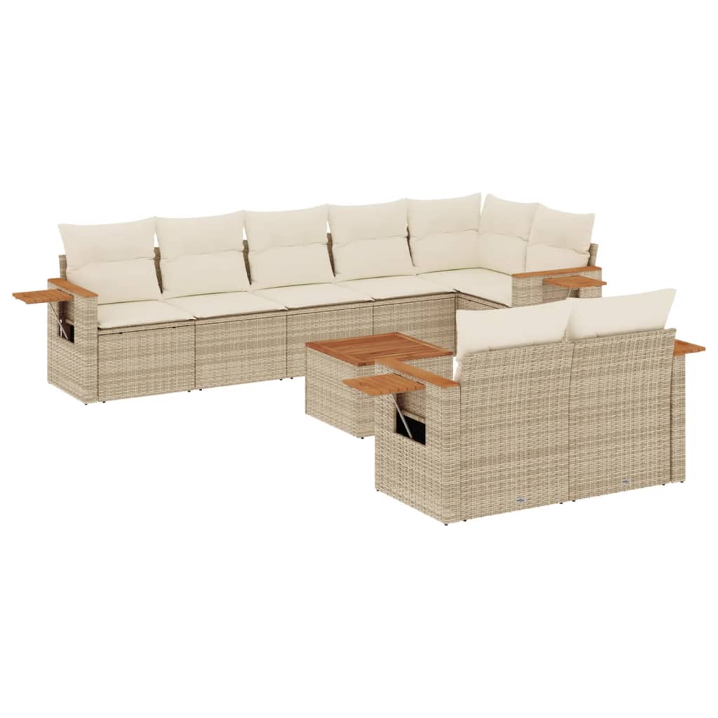 9-delige Loungeset met kussens poly rattan beige