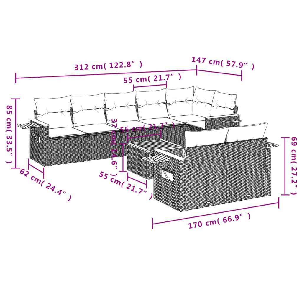 9-delige Loungeset met kussens poly rattan beige