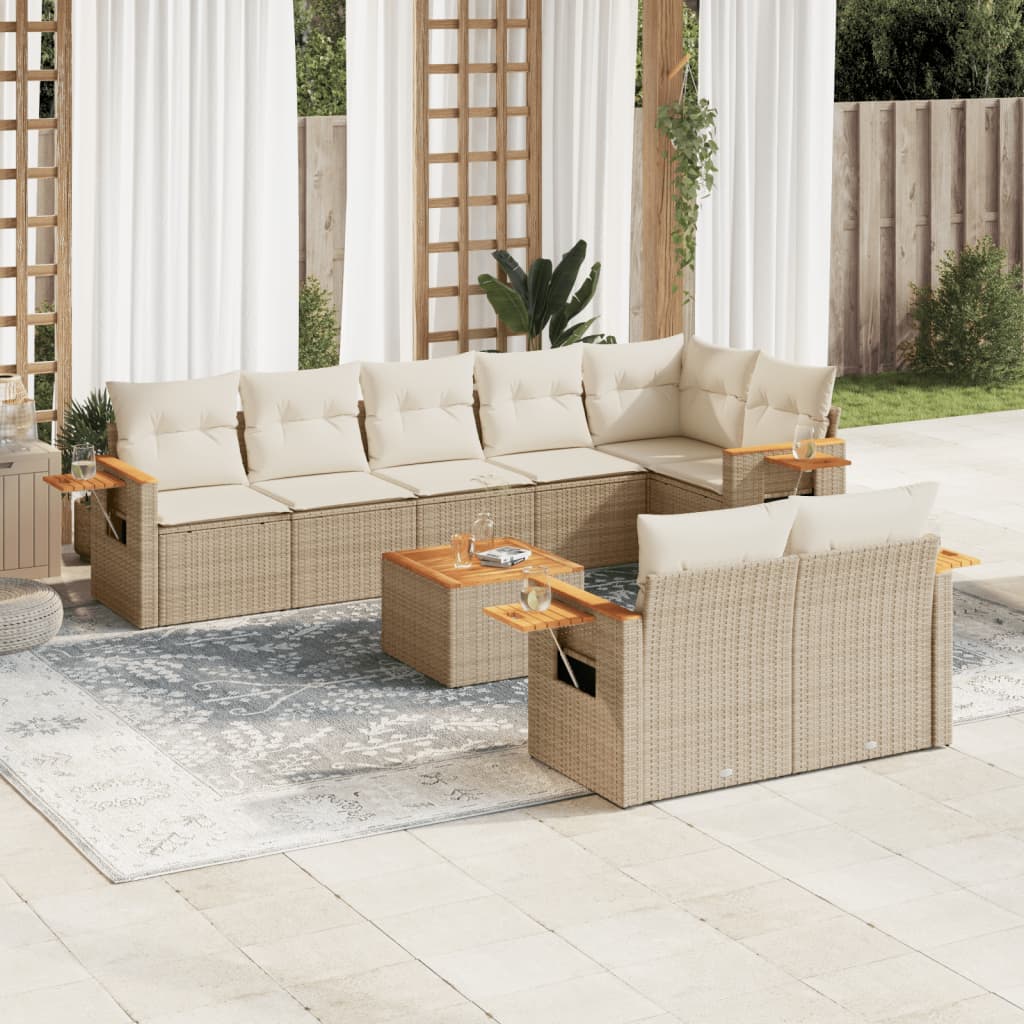 9-delige Loungeset met kussens poly rattan beige