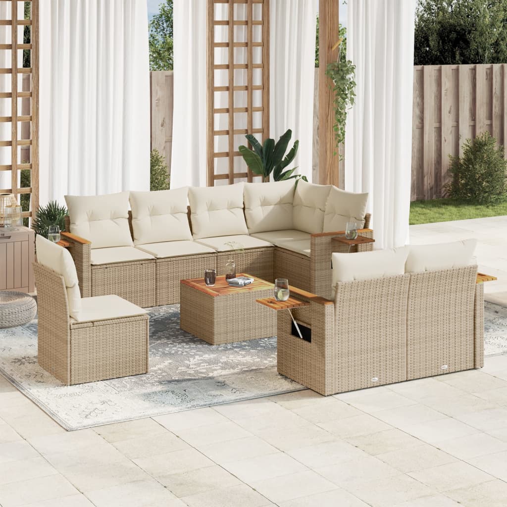 9-delige Loungeset met kussens poly rattan beige