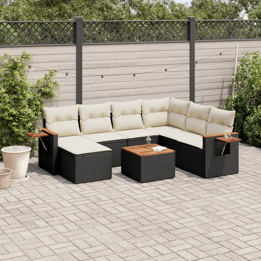 8-delige Loungeset met kussens poly rattan zwart