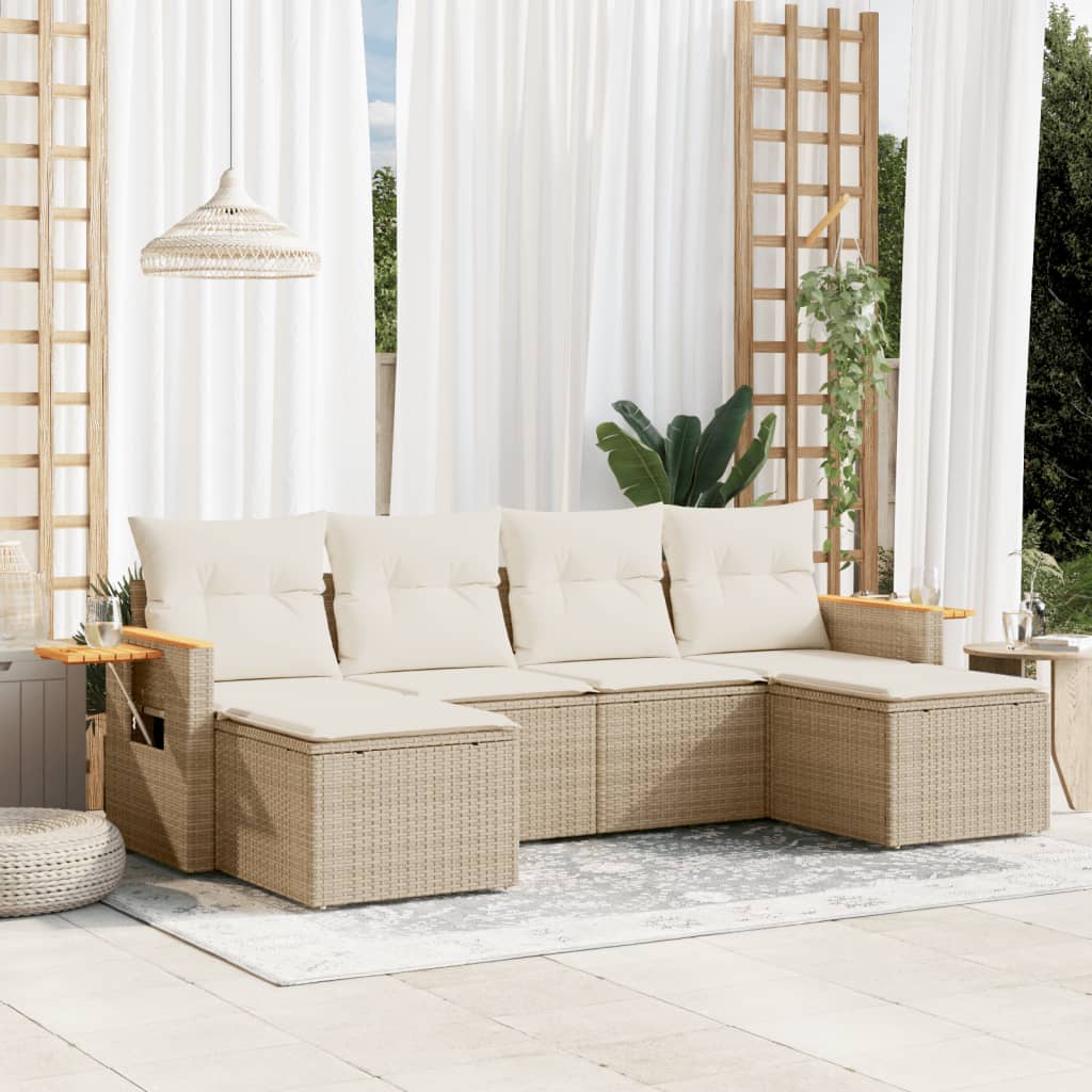 6-delige Loungeset met kussens poly rattan beige