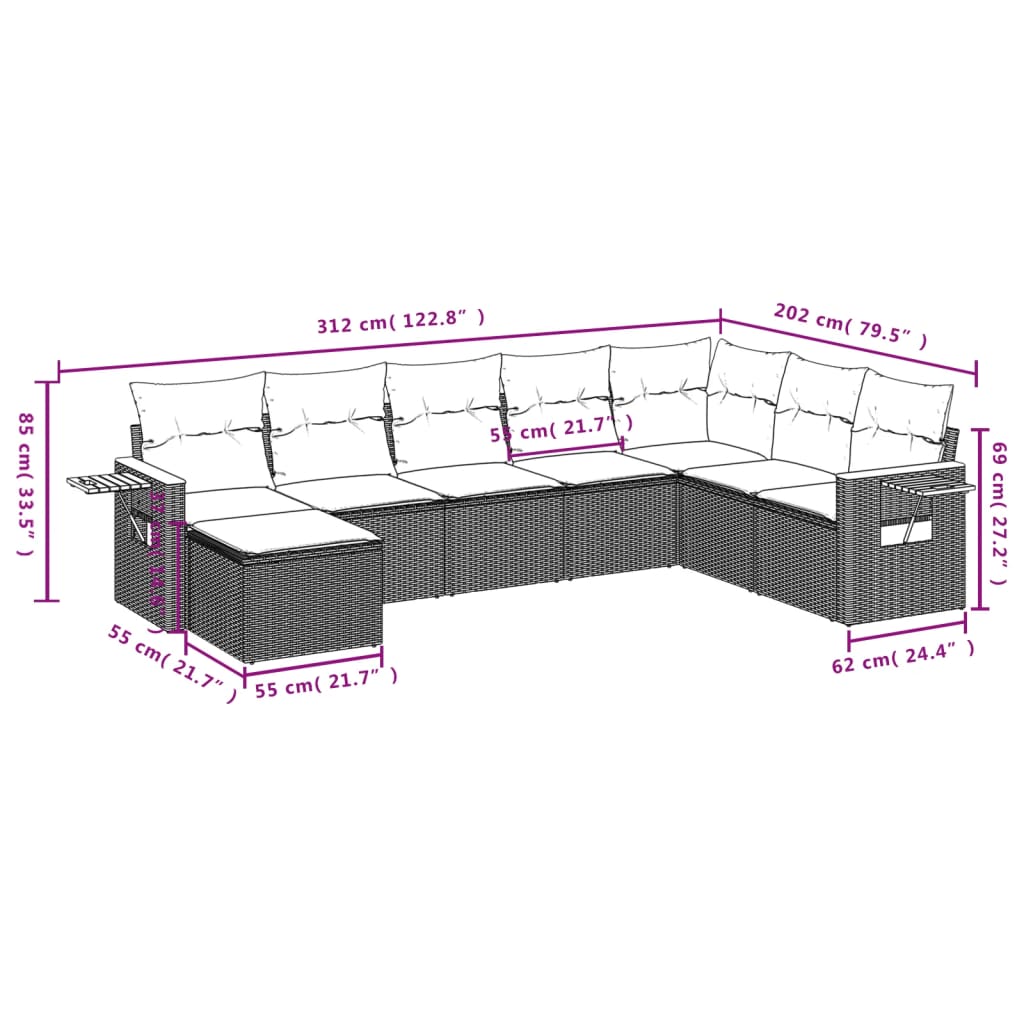 8-delige Loungeset met kussens poly rattan beige