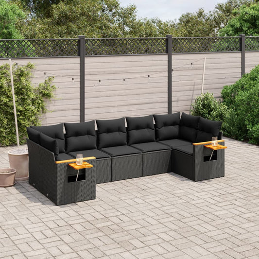 7-delige Loungeset met kussens poly rattan zwart