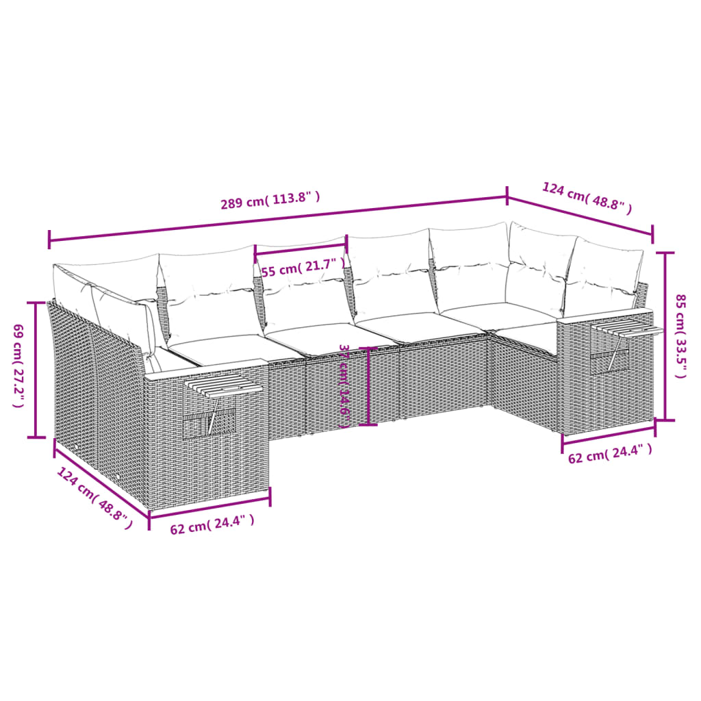 7-delige Loungeset met kussens poly rattan beige