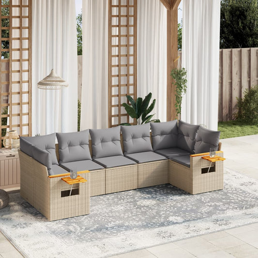 7-delige Loungeset met kussens poly rattan beige