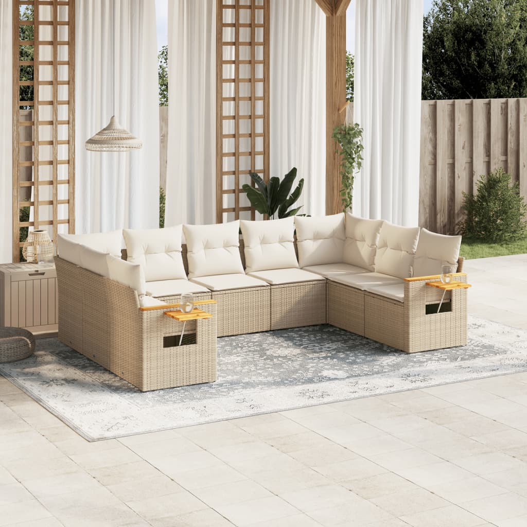 9-delige Loungeset met kussens poly rattan beige