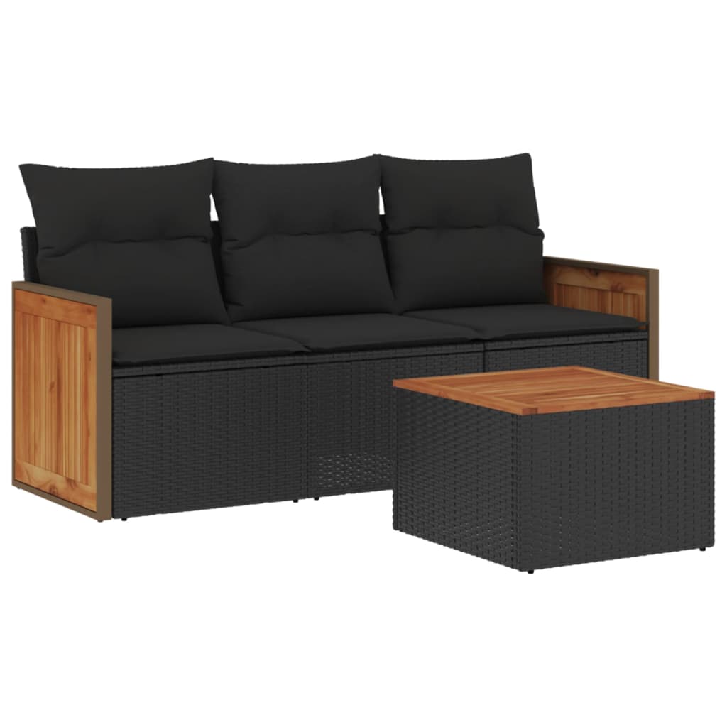 4-delige Loungeset met kussens poly rattan zwart