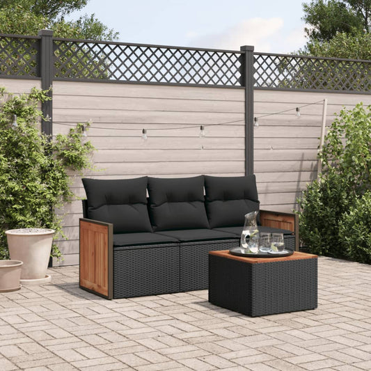 4-delige Loungeset met kussens poly rattan zwart