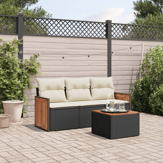 4-delige Loungeset met kussens poly rattan zwart