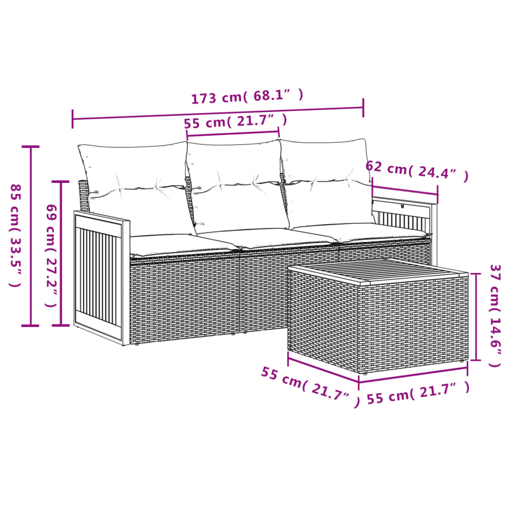 4-delige Loungeset met kussens poly rattan grijs