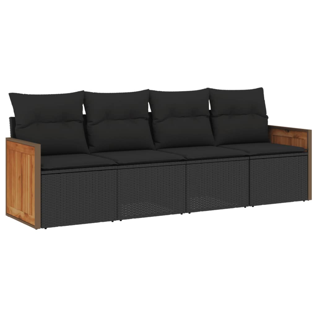 4-delige Loungeset met kussens poly rattan zwart