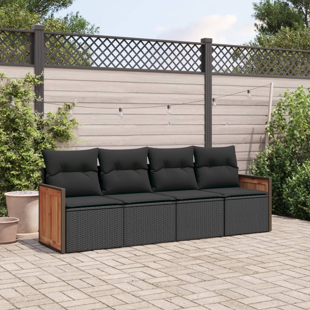 4-delige Loungeset met kussens poly rattan zwart