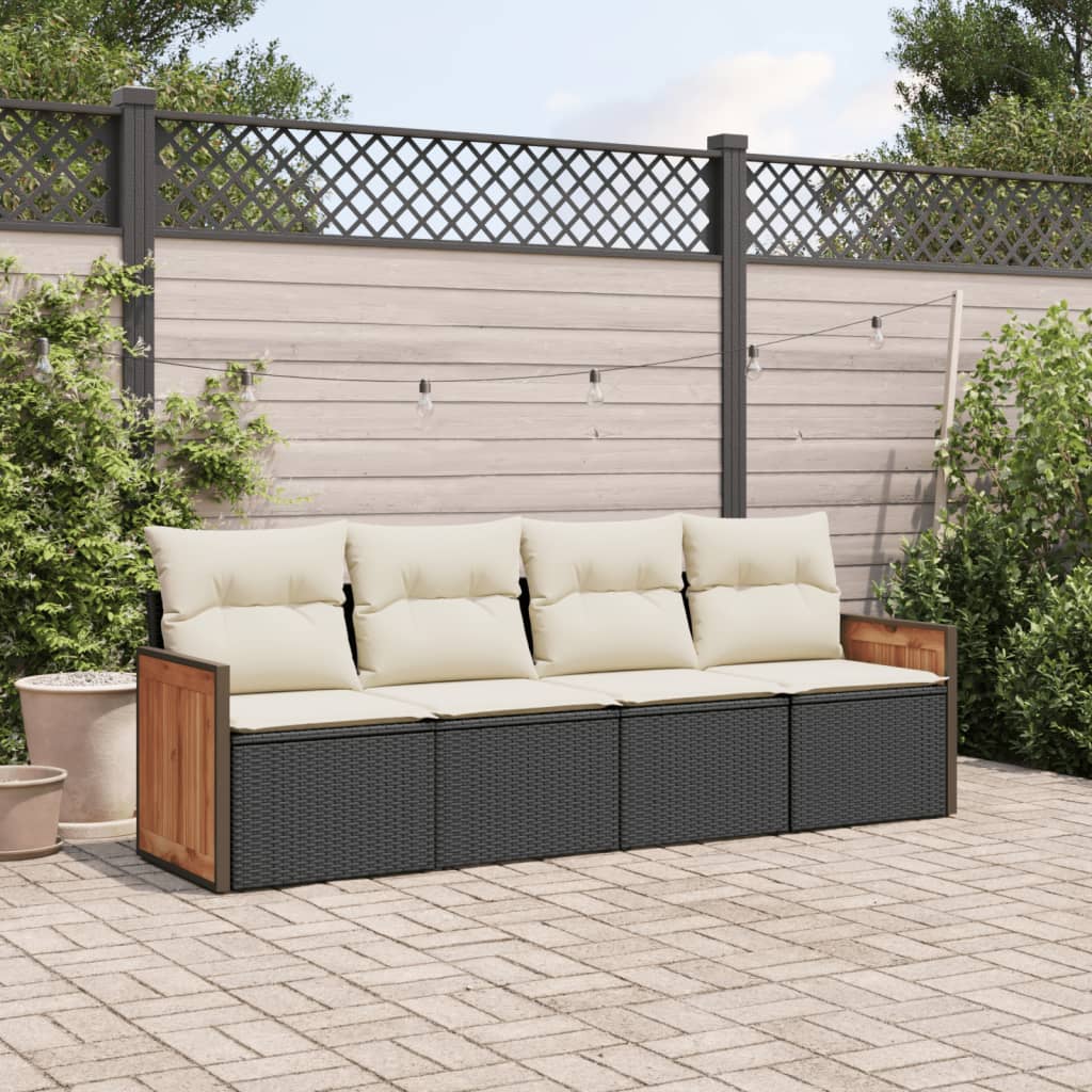 4-delige Loungeset met kussens poly rattan zwart